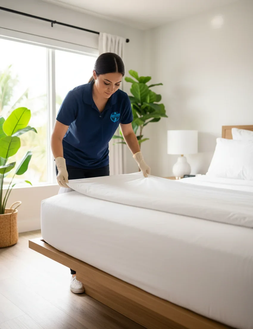Professional Airbnb cleaner making hotel-style bed in Florida vacation rental