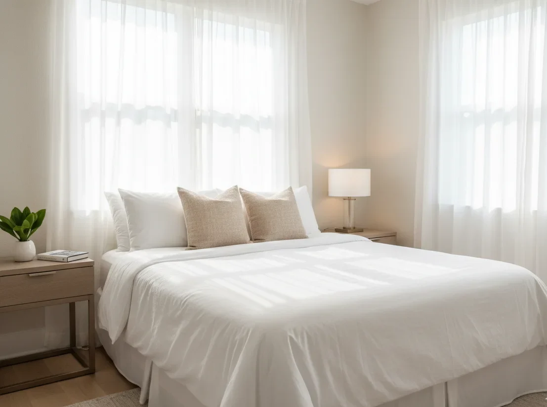 Freshly made bed in a vacation rental prepared by Pure Finish Cleaning, guest-ready bedroom