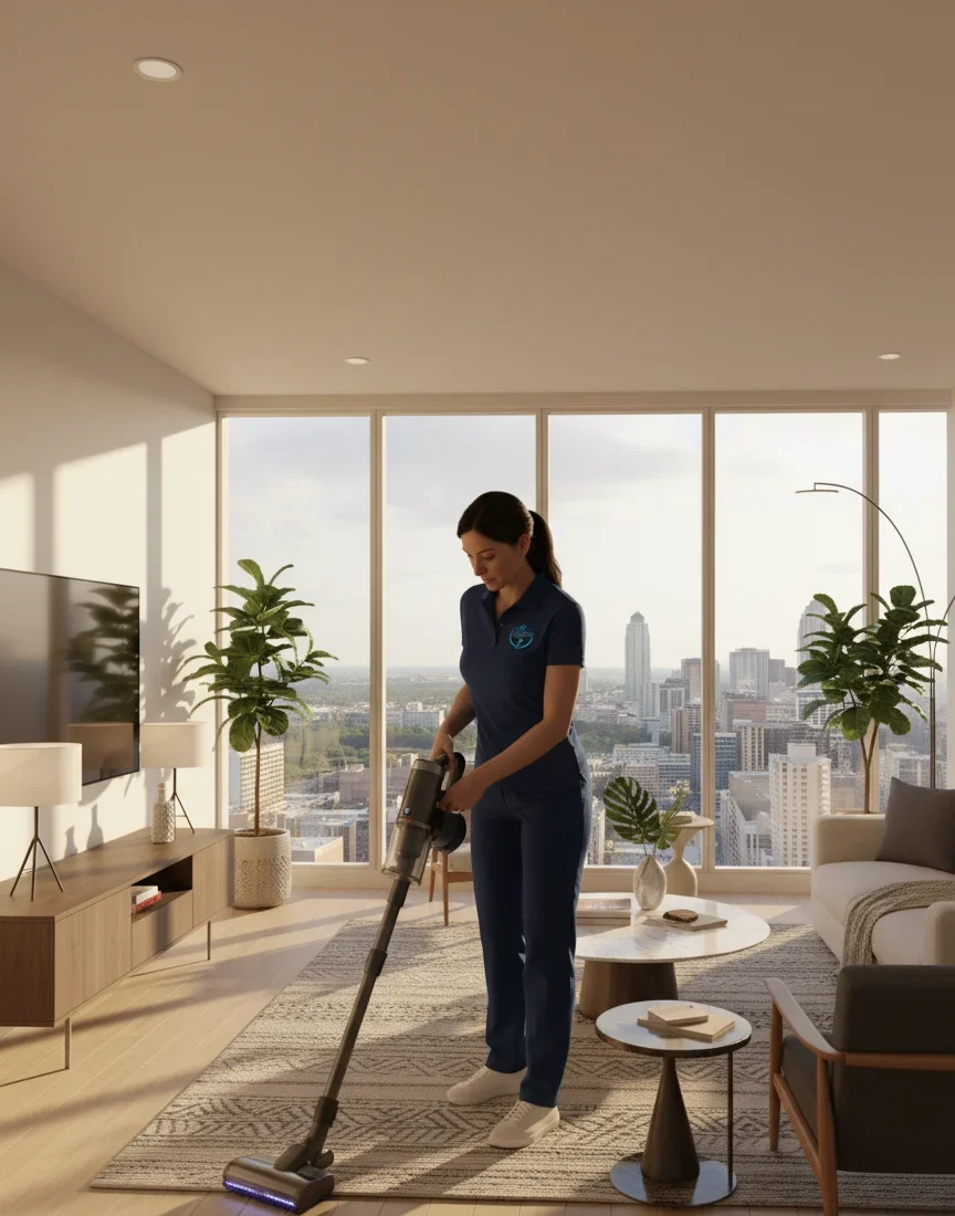 Professional apartment cleaner vacuuming in Orlando Florida