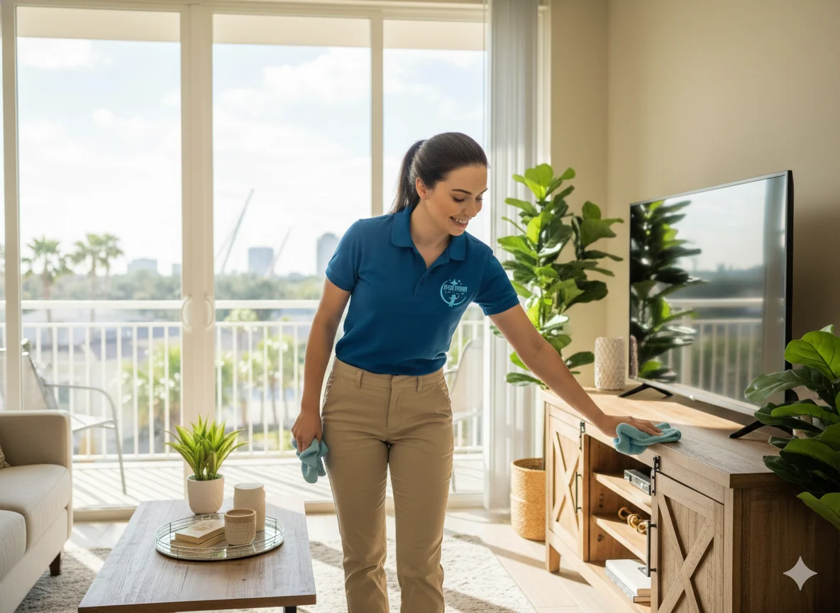 Apartment cleaning being carried out by maid in Orlando by Pure FInish Cleaners