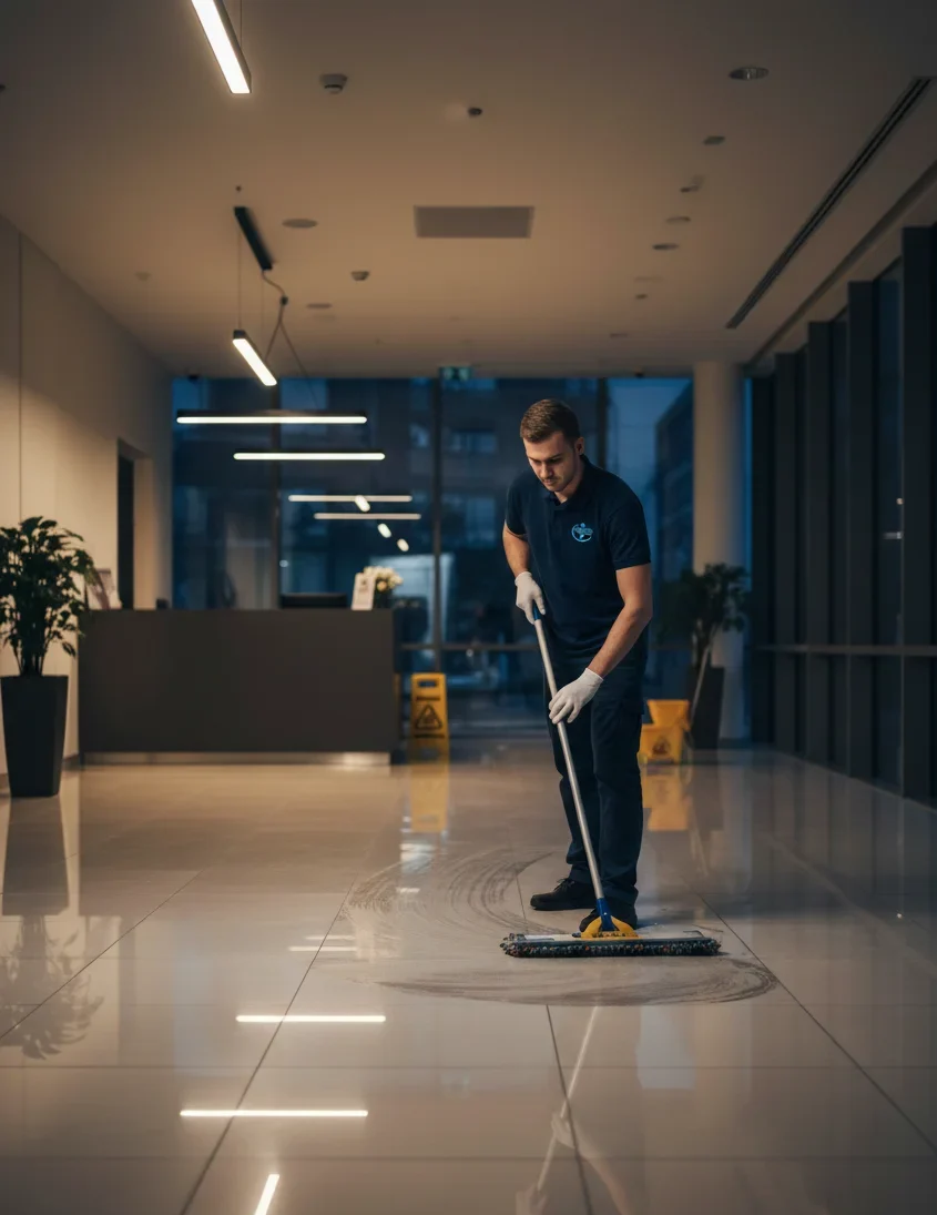 Commercial cleaner mopping office floor in Orlando Florida