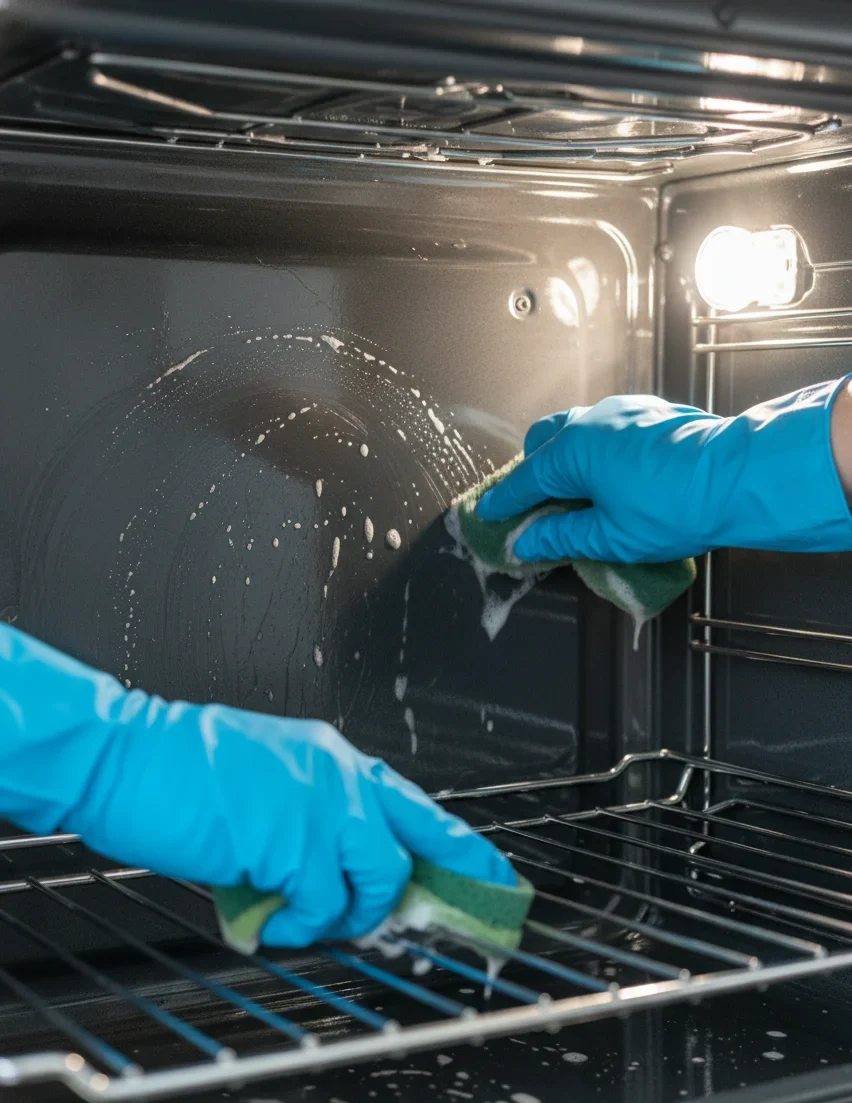 Professional cleaner cleaning inside oven during deep clean in Orlando Florida