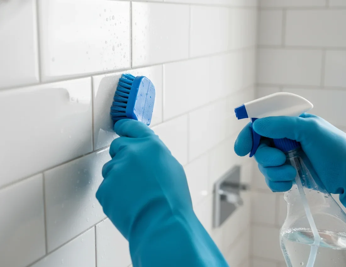 Cleaning professional scrubbing bathroom tiles during a deep clean service in Orlando FL