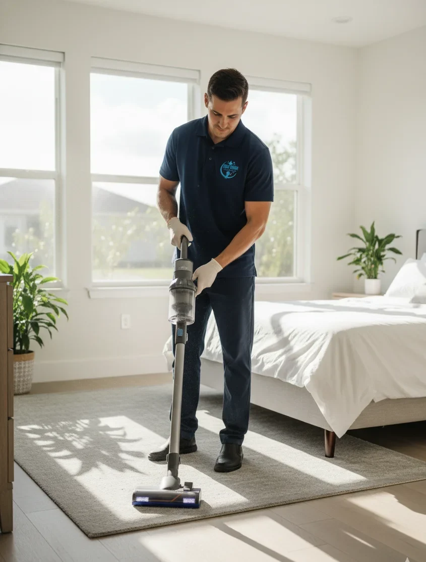House cleaner vacuuming bedroom in Orlando Florida home